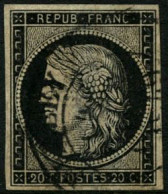 Obl. N°3 20c Noir S/jaune, Obl CàD Type 14, Signé Calves - B - 1849-1850 Cérès