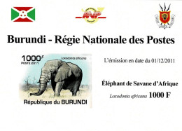 BURUNDI 2011 Mi 2035B AFRICAN SAVANNA ELEPHANT MINT IMPERFORATED MINIATURE SHEET ** - Blocks & Kleinbögen