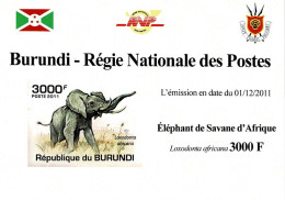 BURUNDI 2011 Mi 2036B AFRICAN SAVANNA ELEPHANT MINT IMPERFORATED MINIATURE SHEET ** - Hojas Y Bloques