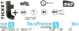 Paris, Métro, Ticket Usagé : Carnet Île De France, 1,69 €, N° 68462713 03 - Europa