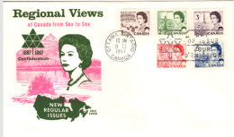 CANADA 1967- FDC - Regional Views 5 Stamps Dogs, Oil Rig, Sluice, Totem  #F091 - 1961-1970