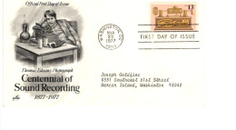 USA 1977- FDC Centennial Of Sound Recording, Radio, Thomas Edison #F095 - 1971-1980