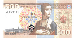 Italy 500 Lire 2019 Unc Prefix A Unc Specimen - Fictifs & Spécimens