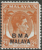 Malaya (British Military Administration). 1945-48 KGVI BMA Overprint. 2c MH. SG 2a - Malaya (British Military Administration)