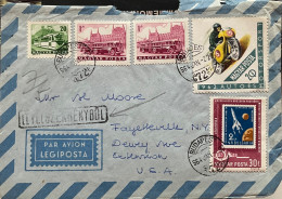 HUNGARY 1964, COVER USED TO USA, 7 STAMP, BUS, BUILDING, ROCKET, MOTOR CYCLE, BUDAPEST CITY CANCEL + ONLY RING SPECIMEN - Covers & Documents