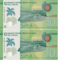 PAREJA CORRELATIVA DE NICARAGUA DE 10 CORDOBAS DEL AÑO 2019 SIN CIRCULAR (UNC)  (BANK NOTE) - Nicaragua