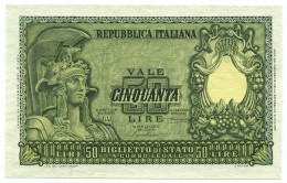 50 LIRE BIGLIETTO DI STATO ITALIA ELMATA BOLAFFI 31/12/1951 FDS-/FDS - Sonstige & Ohne Zuordnung