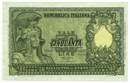 50 LIRE BIGLIETTO DI STATO ITALIA ELMATA BOLAFFI 31/12/1951 FDS - Sonstige & Ohne Zuordnung