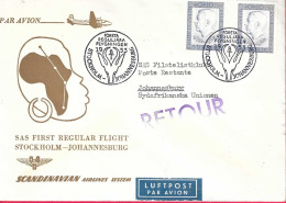 SVERIGE - FIRST REGULAR FLIGHT SAS FROM STOCKHOLM TO JOHANNESBURG *19.8.53° ON OFFICIAL COVER - Cartas & Documentos