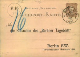 1882,25 Pfg. Rohrpostkarte Mit Vordruck "An Die Redaktion Des "Berliner Tageblattes" Ab BERLIN 16 - Autres & Non Classés