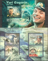 Uganda 2012, Space, Gagarin, 4val In BF+BF IMPERFORATED - North  America