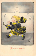 FETES - Bonne Année - Fille - Lune - Carte Postale Ancienne - Nouvel An