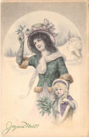 FETES - Joyeux Noel - Femme - Enfant - Houx - Neige - Carte Postale Ancienne - Other & Unclassified