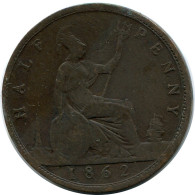 HALF PENNY 1862 UK GROßBRITANNIEN GREAT BRITAIN Münze #AZ643.D - C. 1/2 Penny
