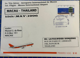 1996 MACAU INTER. AIRPORT FIRST FLIGHT COVER TO THAILAND - Storia Postale