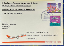 1995 MACAU INTER. AIRPORT FIRST FLIGHT COVER TO SINGAPORE - Covers & Documents