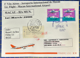 1996 MACAU INTER. AIRPORT FIRST FLIGHT COVER TO HA MUN - Cartas & Documentos