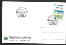 22.2.1992 SAN MARINO CARTOLINA CON ANNULLO SPECIALE 50° 1° VOLO A REAZIONE SU ROMA - Cartas & Documentos