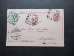 Italien 1903 Ganzsache Doppelkarte Auslands PK Roma - Magdeburg Mit Zusatzfrankatur! P 30 - Stamped Stationery