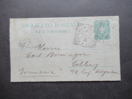 Italien 1898 Kartenbrief Wappen Auslands PK Nach Coblenz Mit Ank. Stempel / Zusatzfrankatur Leider Abgelöst!!!!! - Entero Postal