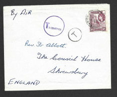 Kenya Uganda & Tanganyika 1957 Underpaid & Taxed Cover Kisumu To Shrewesbury UK , 50c QEII Giraffe Franking - Kenya & Ouganda