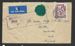 Kenya Uganda & Tanganyika 1950 ' S Cover To Kent UK , Underpaid , With Tax Sticker In Green And Purple Cachet - Kenya & Oeganda
