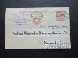 Italien Um 1920 Ganzsache / Frageteil / Cartolina Postale Risposta Pagata Torino - Neuwied Verband Rheinischer Bimsbaust - Stamped Stationery