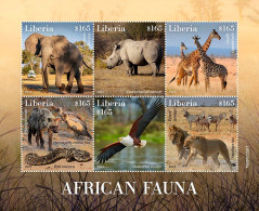 Liberia 2022, Animals, Elephant, Rhino, Giraffes, Snake, Lions, Birds, 6val In BF - Rhinoceros