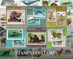 Liberia 2022, Stamps On Stamps, WWF, Dolphins, Turtle, Gorilla, Otter, Lighthouse, 6val In BF - Gorilas