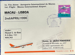 1996 MACAU INTERNATIONAL AIRPORT FIRST FLIGHT COVER TO LISBON, PORTUGAL - Cartas & Documentos