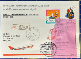 1995 MACAU INTERNATIONAL AIRPORT FIRST FLIGHT COVER TO SHANGHAI, CHINA - Covers & Documents