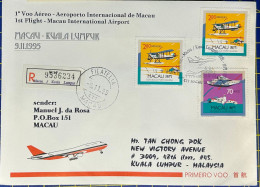 1995 MACAU INTERNATIONAL AIRPORT FIRST FLIGHT COVER TO KUALA LUMPUR, MALAYSIA - Cartas & Documentos