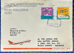 1995 MACAU INTERNATIONAL AIRPORT FIRST FLIGHT COVER TO KUALA LUMPUR, MALAYSIA - Cartas & Documentos