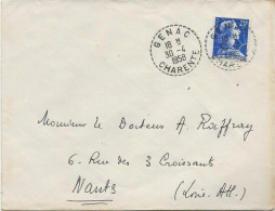 LETTRE AFFRANCHIE  MARIANE DE MULLER  N° 1011 B - OBLITEREE CAD POINTILLE GENAC -CHARENTE -1958 - Mechanische Stempels (varia)