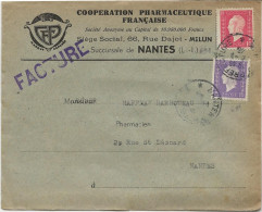 LETTRE PUBLICITAIRE  -COOPERATION PHARMACEUTIQUE FRANCAISE - AFFRANCHIE N° 689- 691  - CAD NANTES PREFECTURE 1946 - Mechanical Postmarks (Other)