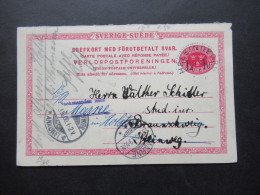 Schweden 1900 Ganzsache / Doppelkarte Tio Öre Frageteil Gestempelt Helsingborg - Braunschweig Weitergeleitet Nach Marne - Postal Stationery