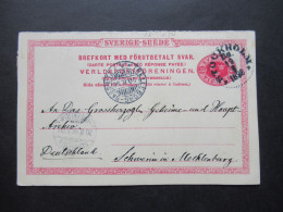 Schweden 1898 Ganzsache / Doppelkarte Tio Öre Stockholm - Schwerin Schiffspost Trelleborg - Sassnitz Unterschrift Major - Postal Stationery