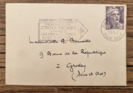 FRANCE Croix Rouge,  Red Cross. Lettre Ayant Circulé FLAMME "pensez A La Croix Rouge  1952 (B) - Rode Kruis