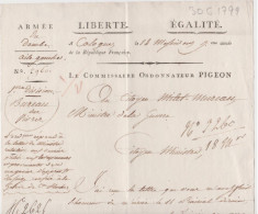 LAS Lettre Signature Autographe Commissaire Ordonnateur Pigeon Armée Danube Cologne Révolution Empire - Autres & Non Classés