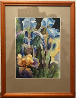 Original Aquarell Unikat Blumen Fleurs Flowers Iris - Holzrahmen, Glass, Bild 20x27 Cm Mit Rahmen 33x43cm - Aquarelles