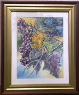 Original Aquarell Unikat Trauben Weinblätter - Holzrahmen, Glass, Bild 19x25 Cm Mit Rahmen 31x37cm - Wasserfarben