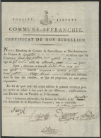 1794 CERTIFICAT DE NON REBELLION DU COMITE REVOLUTIONNAIRE DE SURVEILLANCE DU CANTON DE LEPELLETIER DE LYON - Documentos Históricos