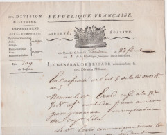 Lettre Signature Autographe 10e Division Militaire Jean André Commes Général Français Révolution & Empire - Other & Unclassified