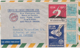 Brasil Correio YT N° 384 X3 CAD MARS 1954 + Vignettes Visite Sao Paulo IV Centenario + Dei Um Tijolo Sanatorio - Lettres & Documents