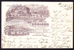 1898 Mit Bahnpost Gelaufene Werbe-Hotel Karte. Hotel Und Pension Bönigen. Blauer Kastenstempel BÖNIGEN - Bönigen