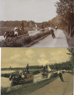 2 Cards Edam Volendam  Real Photo J. Sievers  + Color P. Nierop Barge Towing Peniche Halage Humain - Edam