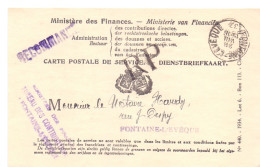 Carte De Service Recommandée RP Ministère Des Finances En Franchise De Port Fontaine-l'Evèque 1937 - Franchise