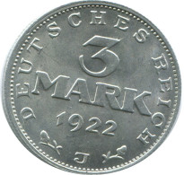 3 MARK 1922 J ALLEMAGNE Pièce GERMANY #AE440.F - 3 Mark & 3 Reichsmark
