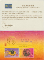 HONG-KONG (CHINA) - 2016 - TIMBRE OR / ARGENT (GOLD / SILVER) ! ANNEE DU BELIER / SINGE Avec CERTIFICAT ** MNH - Ungebraucht