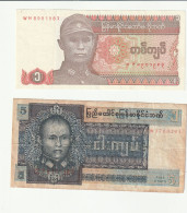 LOT DE 2 BILLETS  DU MYANMAR : 5 KIATS  (EN L'ETAT)  Et  1 KIAT (COMME NEUF) - Myanmar